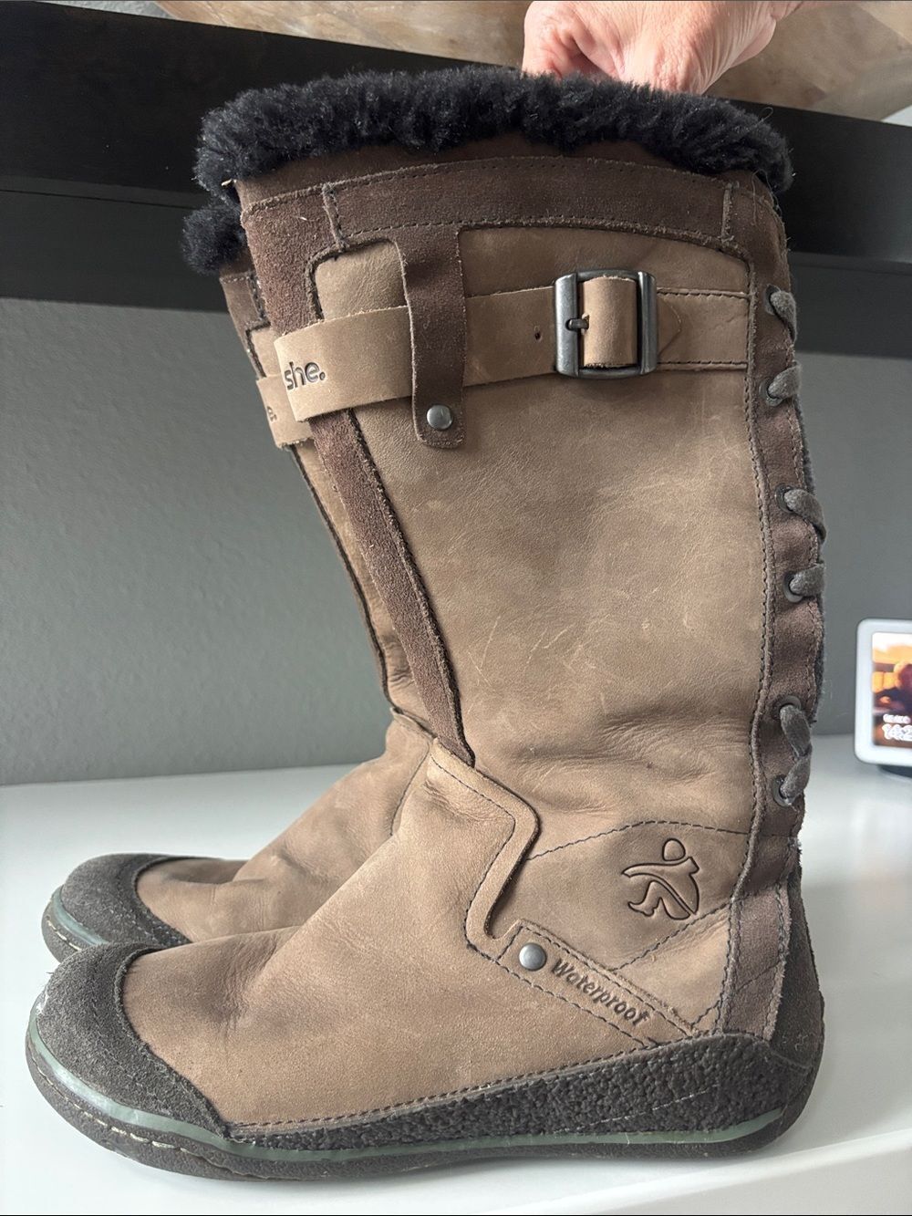 cushe Brown Waterproof Winter Boots with Black Faux Fur Collar